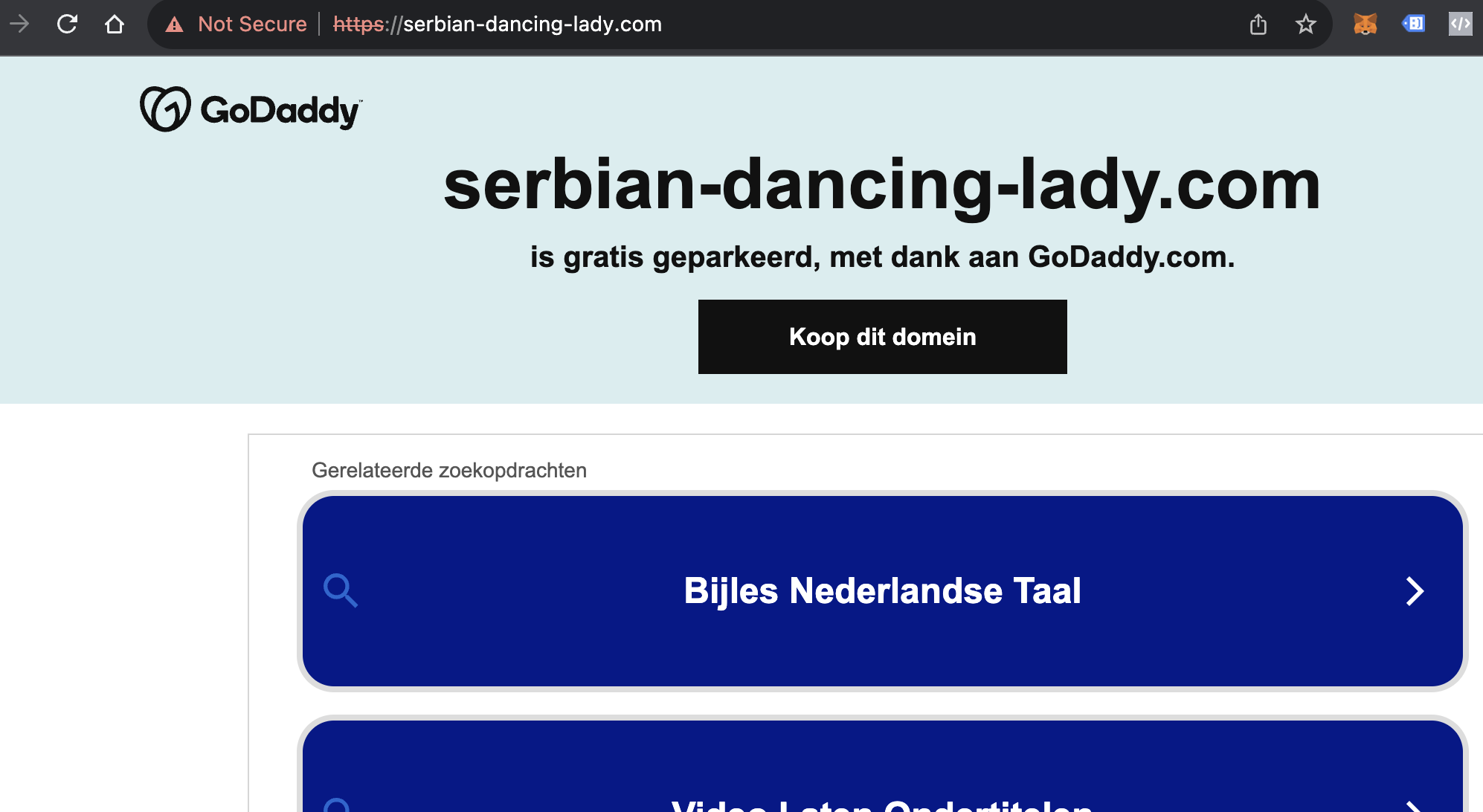 Parked GoDaddy page for serbian-dancing-lady.com, a listed coin without a working website