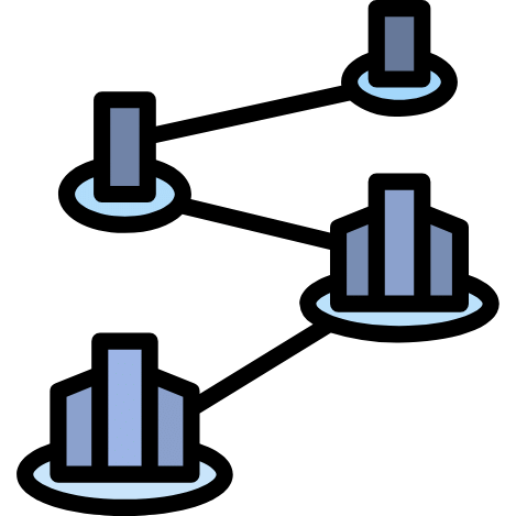 Network of connected nodes with growing bar charts, representing blockchain scalability