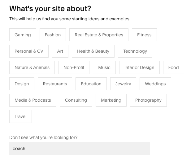 Squarespace onboarding step asking what your site is about, with a list of topic options