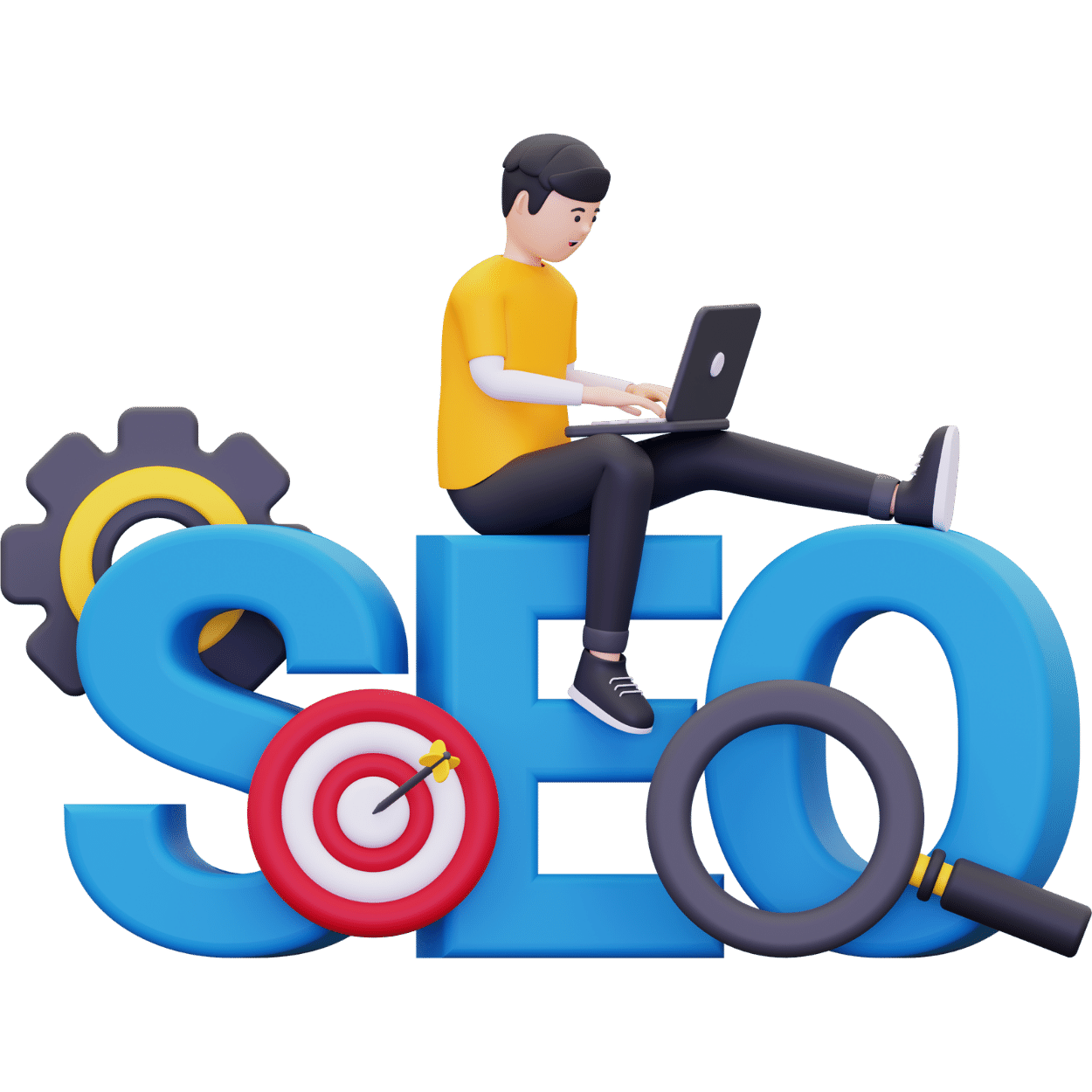 3D illustration of a man typing on a laptop atop giant SEO letters, with a target and magnifying glass