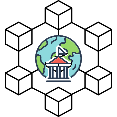 Government building on a globe linked to a network of blockchain cubes, representing governance