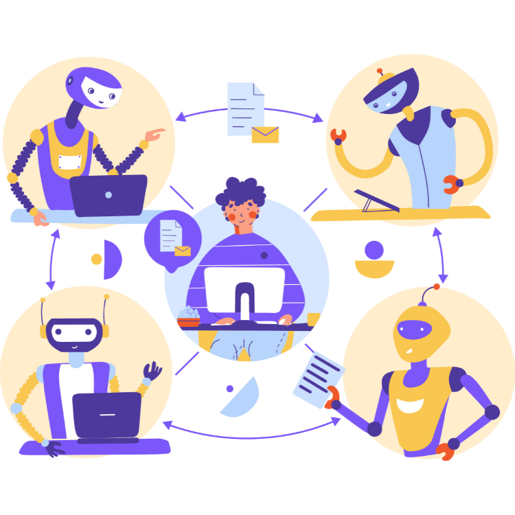 Marketer at a desk surrounded by four robots handling documents and emails, illustrating marketing automation