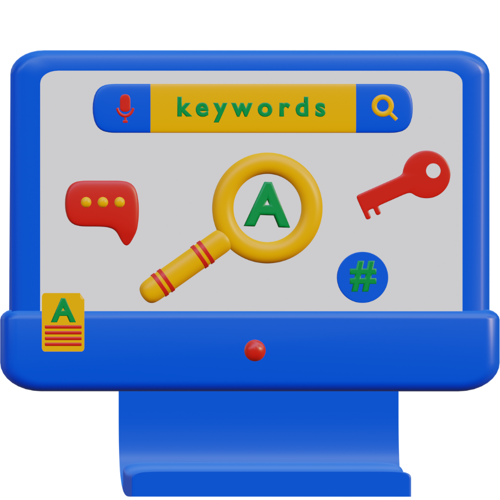 3D illustration of a monitor with a keyword search bar, magnifying glass, and key