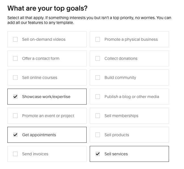 Squarespace goal selection with showcase work, get appointments, and sell services checked