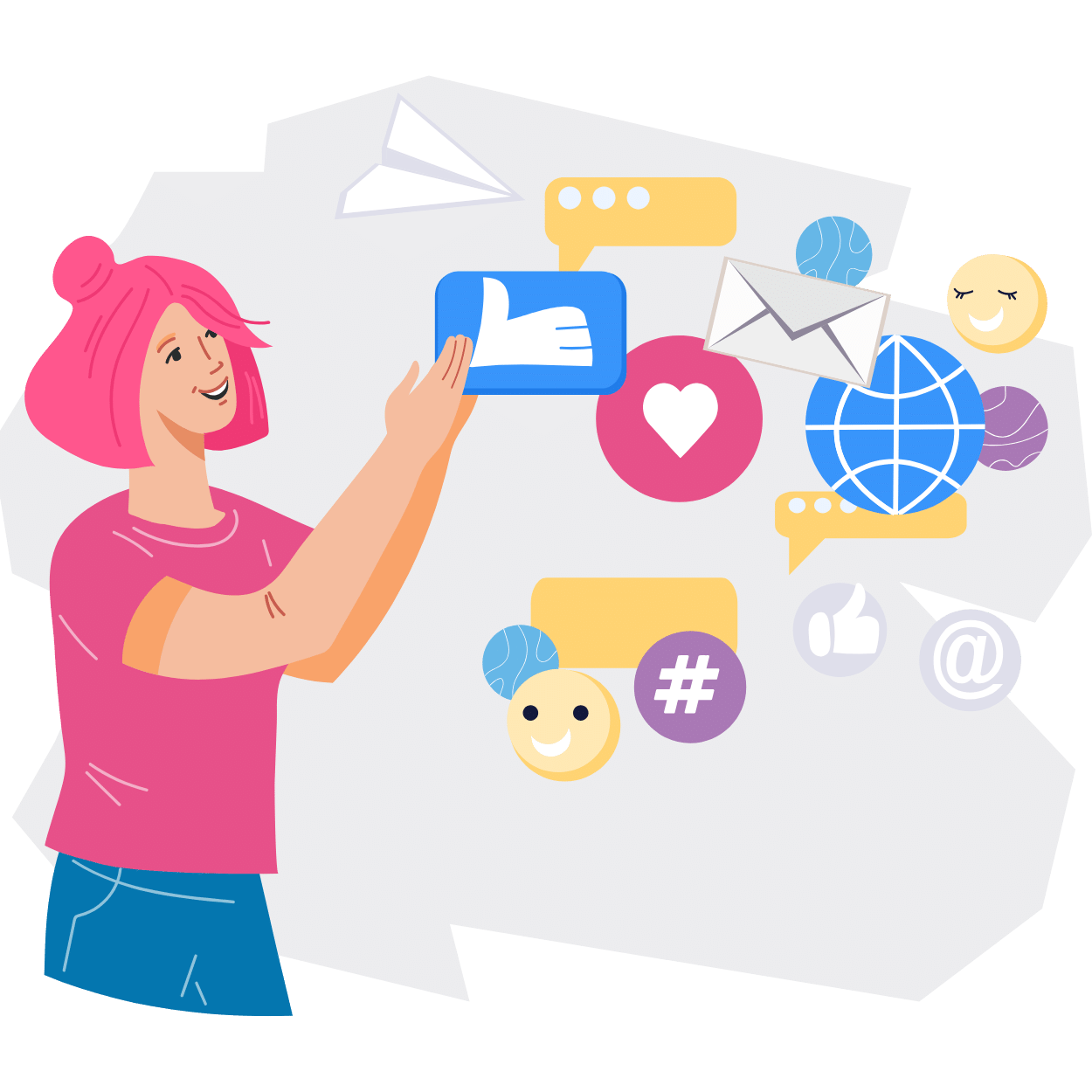 Illustration of a social media manager surrounded by like, heart, message and email icons